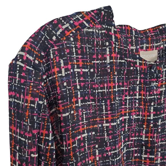 Chico's 4 Size 20/22 Blouse Chiffon Semi Sheer Tweed Print Button Up Long Sleeve - Picture 4 of 13